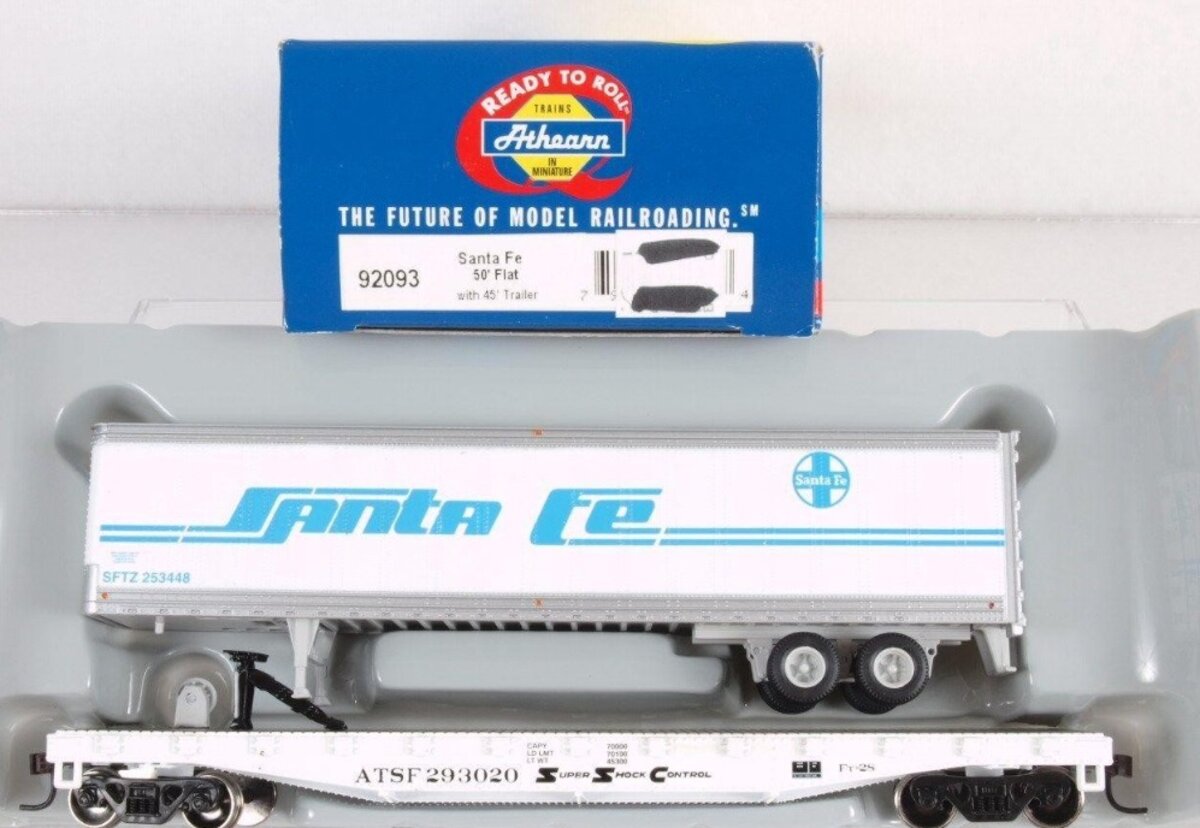 Athearn 92093 HO Atchison Topeka Santa Fe 50' Flat Car w/45' Trailer #293020