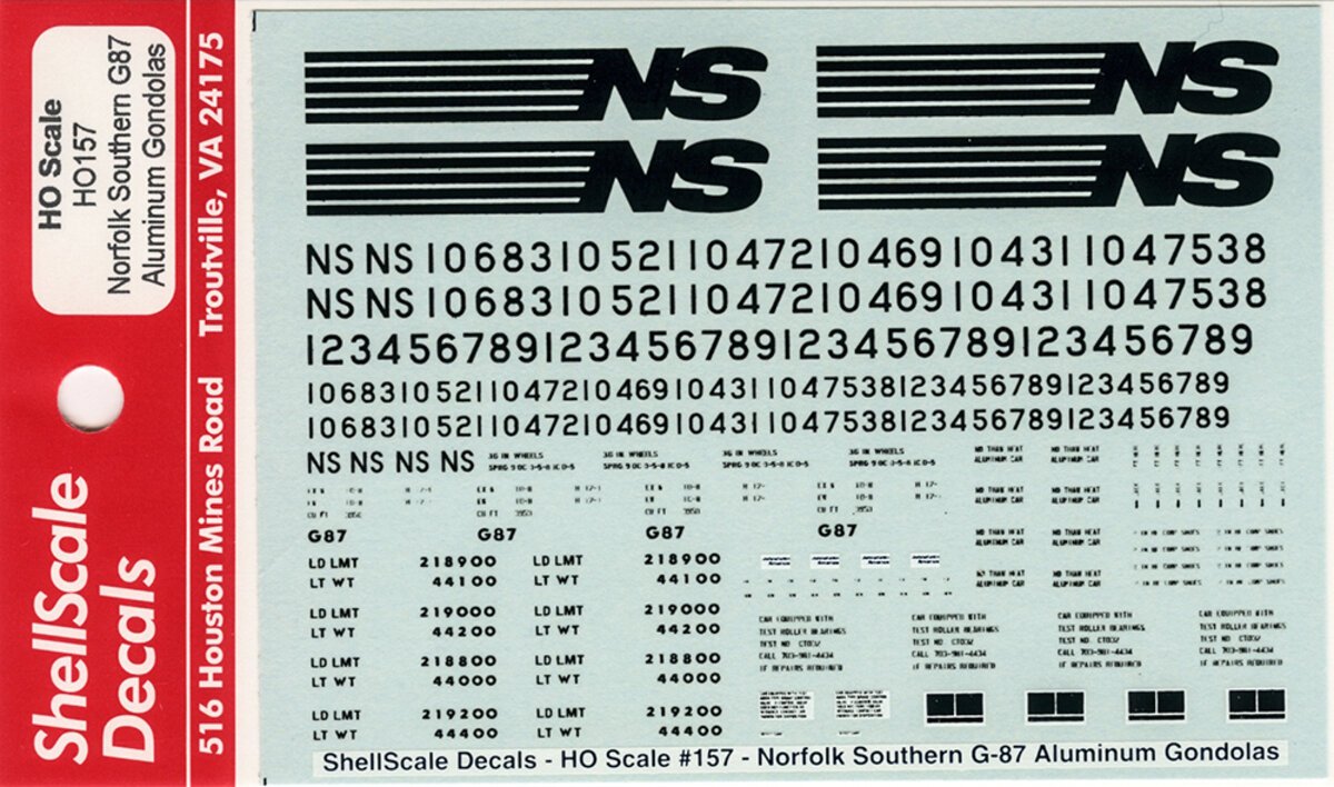 Shell Scale 157 HO Scale Norfolk Southern Aluminum Gondolas