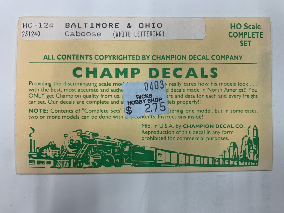 Champ Decals HC-124 HO Scale Baltimore & Ohio Caboose Decal