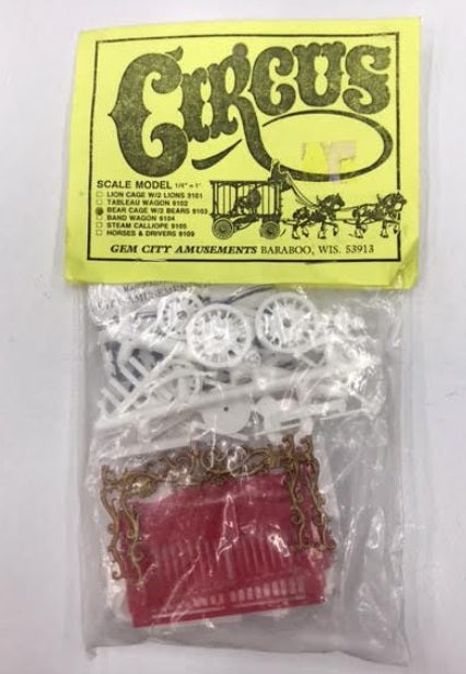 Gem City Amusement 9103 O Scale White Wheels Red Cage Bear Cage w/ 2 Bears Kit