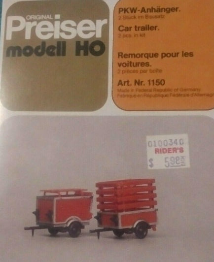 Preiser 1150 HO Cart Trailer Plastic Model Kit (Set of 2)