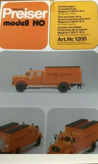 Preiser 1205 HO Magirus F 200 D 16 A Tool & Gear Lorry Truck Plastic Kit