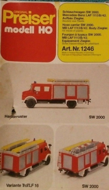 Preiser 1246 HO Mercedes-Benz Hose Carrier SW 2000 Fire Truck Plastic Model Kit