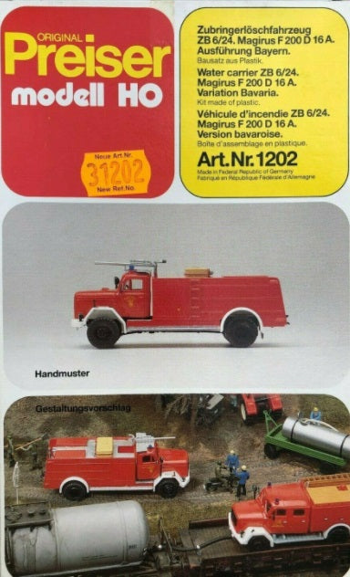 Preiser 1202 HO Magirus F 200 D 16 A Water Carrier ZB 6/24 Truck Plastic Kit