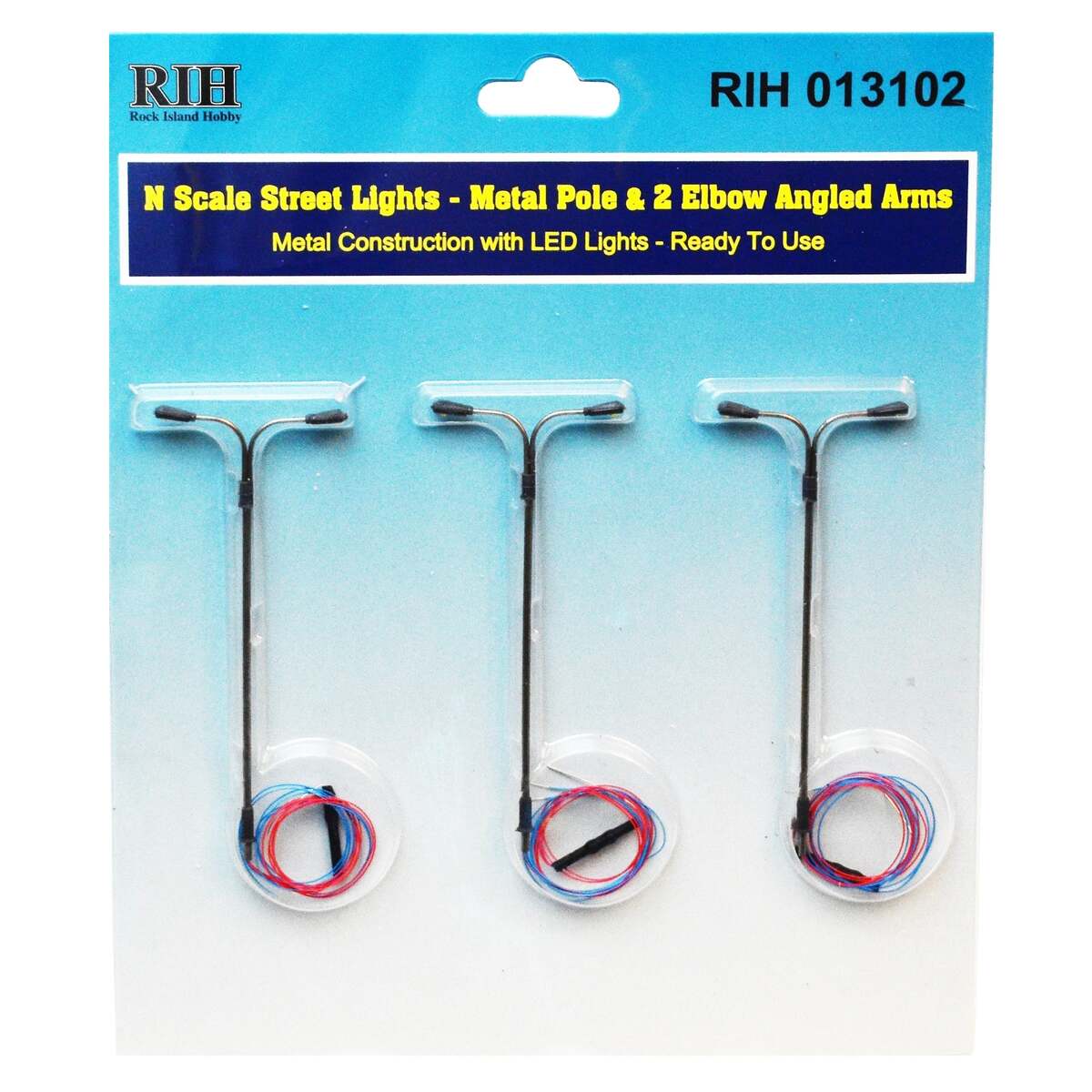Rock Island Hobby 013102 N Street Lights w/ Pole & Elbow Arms (Pack of 3)