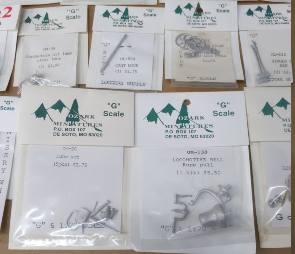 Ozark Miniatures L-1 Lot of 18 G Scale Logging, Parts, Bell, Lamp, Tools, ect