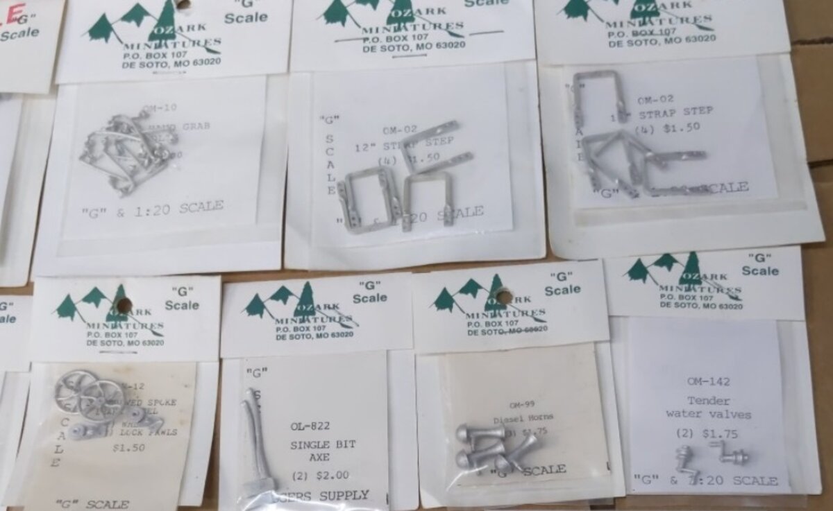 Ozark Miniatures L-1 Lot of 18 G Scale Logging, Parts, Bell, Lamp, Tools, ect