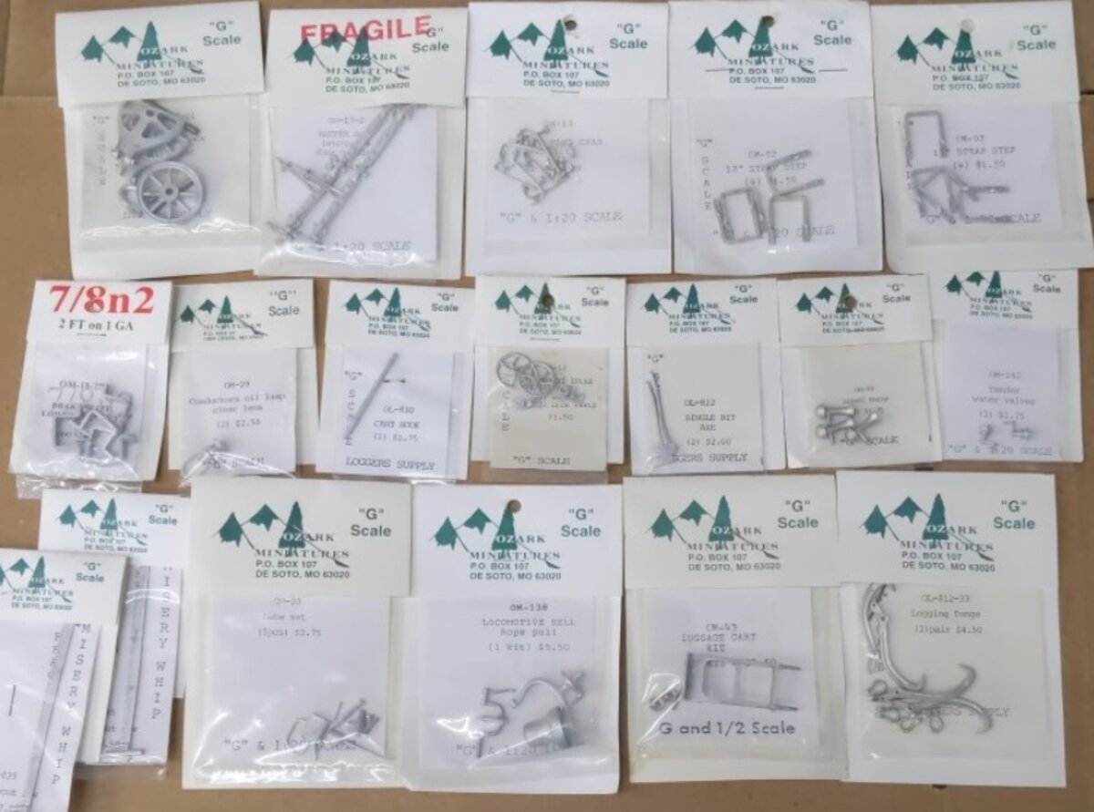 Ozark Miniatures L-1 Lot of 18 G Scale Logging, Parts, Bell, Lamp, Tools, ect