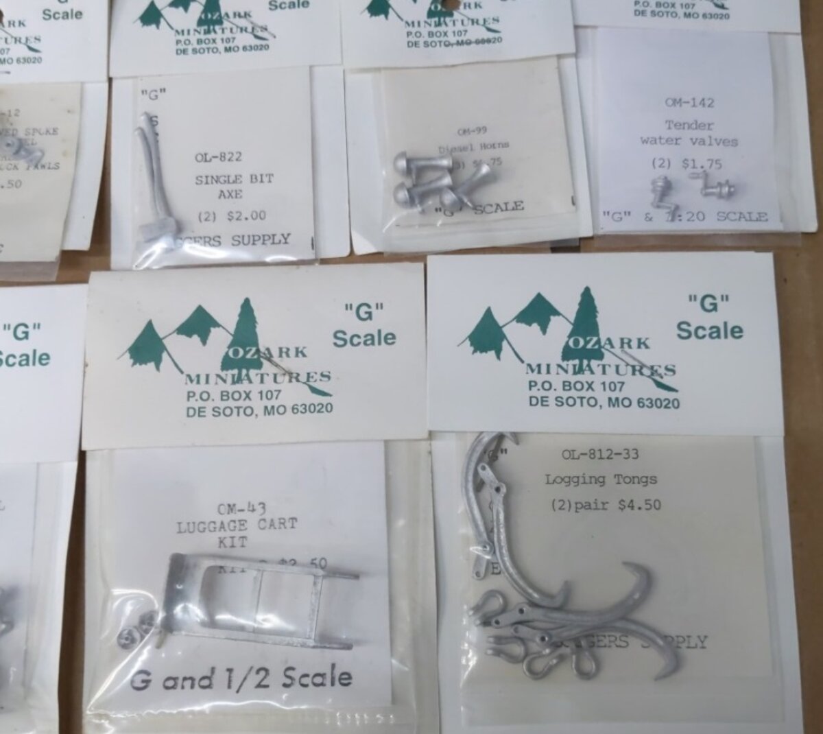 Ozark Miniatures L-1 Lot of 18 G Scale Logging, Parts, Bell, Lamp, Tools, ect