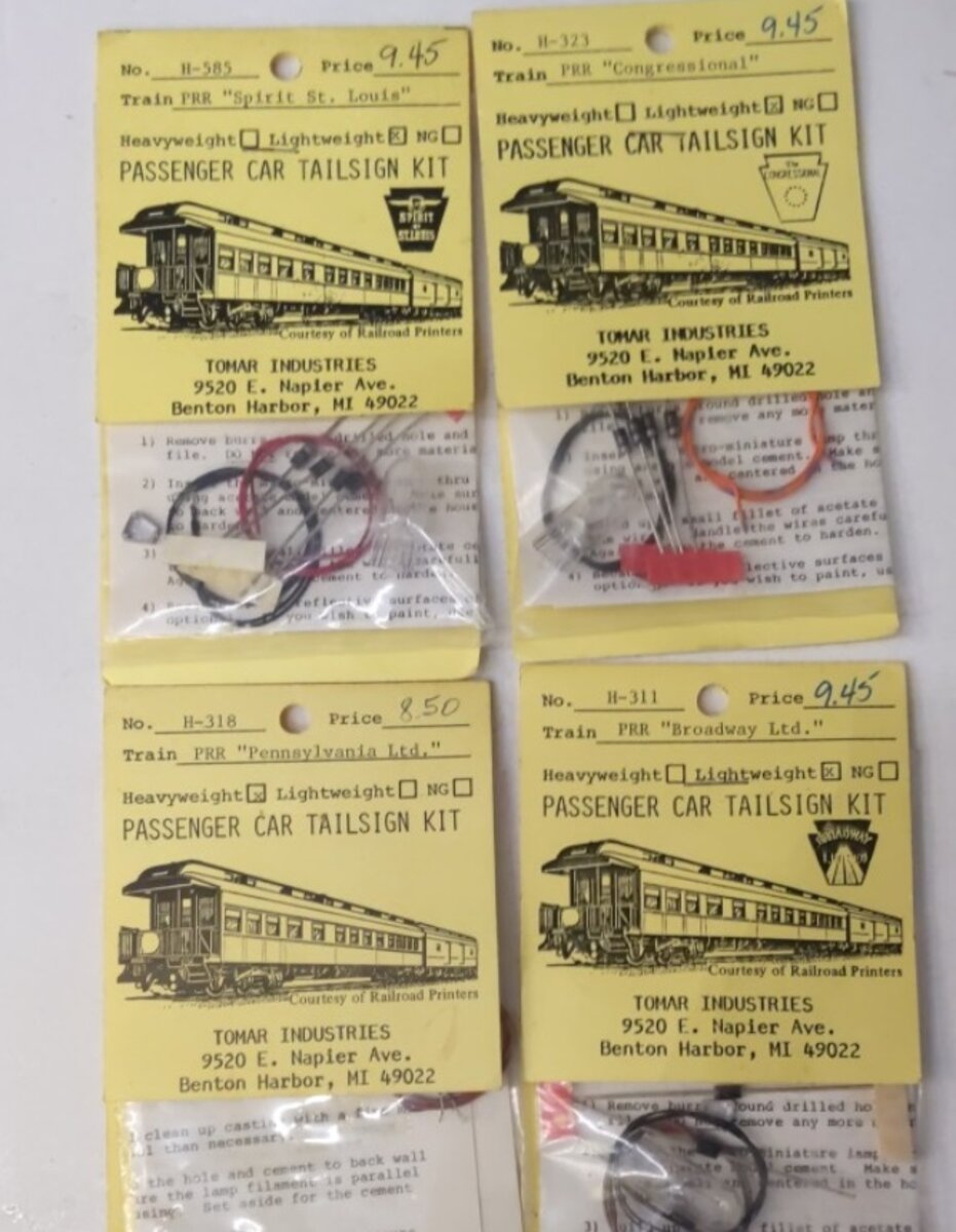 Tomar Industries L-1 Lot of 4 HO Passenger Car Tailsign Kits 585, 323, 318, 311