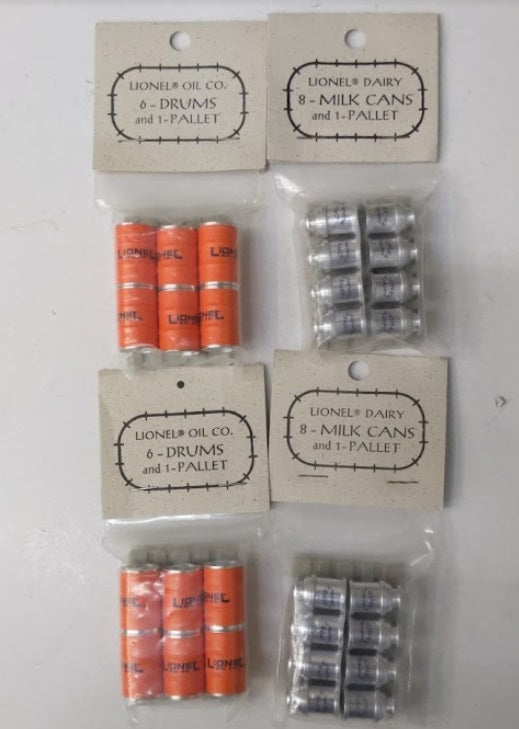 Layout Miniatures L-1 Lot of 4 O Lionel Oil Co Drums and Milk Cans on Pallets