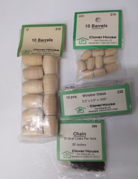 Clover House L-1 Lot of 4 O and HO Assorted Accessories. Barrels, Glass Chain