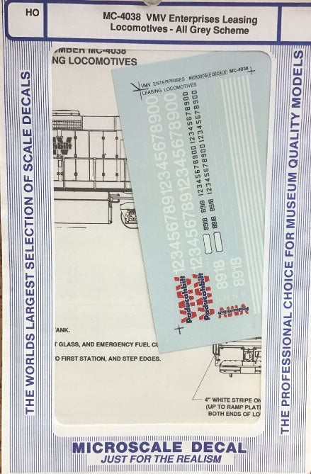 Microscale MC-4038 HO VMV Enterprises Locomotives All Grey Scheme Decal Sheet