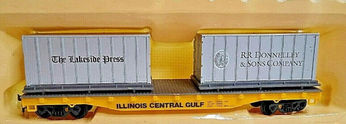 Life Like HO FlatCar ILL Central W/2 Containers RR Donnelly&Sons & Lakeside Pres