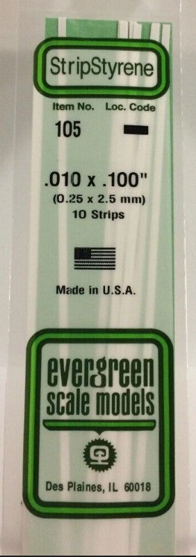 Evergreen Hill 105 HO Strip Styrene 14 Strips .010 x .100