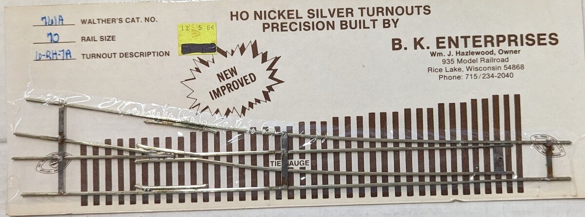 BK Enterprises 761A HO 70 Nickel Silver 6-RH-7A Right Hand Switch Turnout