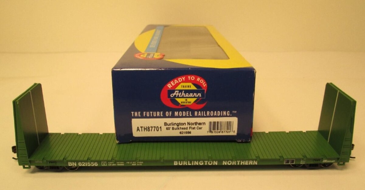 Athearn 87701 HO Burlington Northern 60' Bulkhead RTR Flat Car # 621556