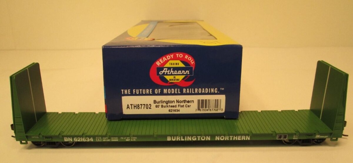 Athearn 87702 HO Burlington Northern 60' Bulkhead RTR Flat Car # 621634