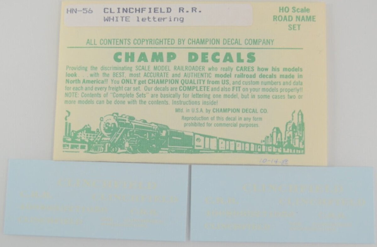 Champ Decals HN-56 HO Clinchfield R.R. White Lettering Roadname Set