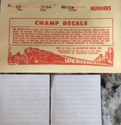 Champ Decals X-10 HO Scales White Numbers 7/64" Decal