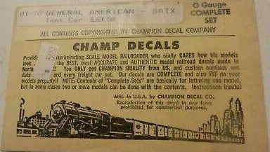 Champ Decals OT-70 O Gauge General American Black Tank Car Decal Sheets