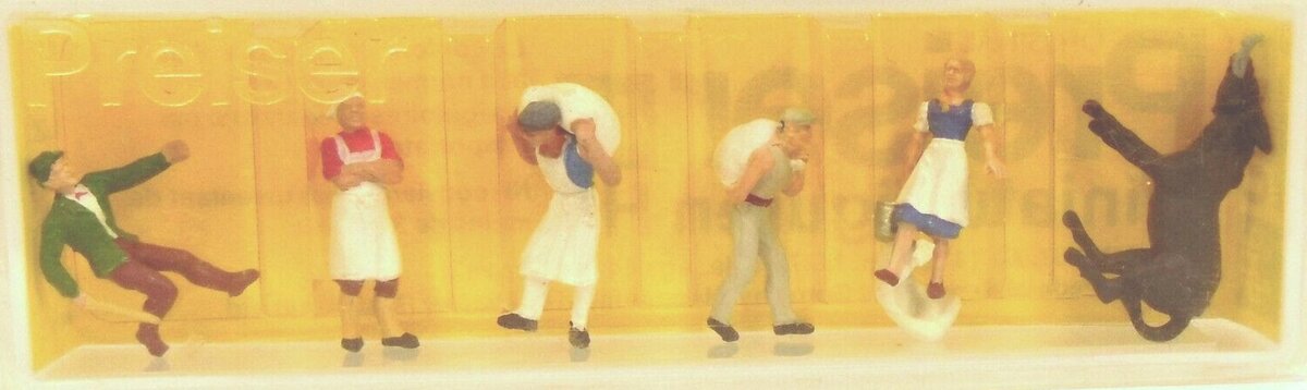 Preiser 4041 HO Scale 4-Men 1-Women & 1-Donkey at The Mill Vintage Figures