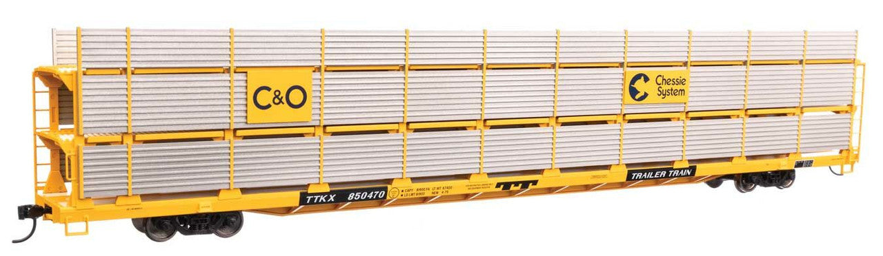 Walthers 910-8306 HO C&O 89' Flatcar w/ Tri-Level Shielded Auto Rack RTR #850470