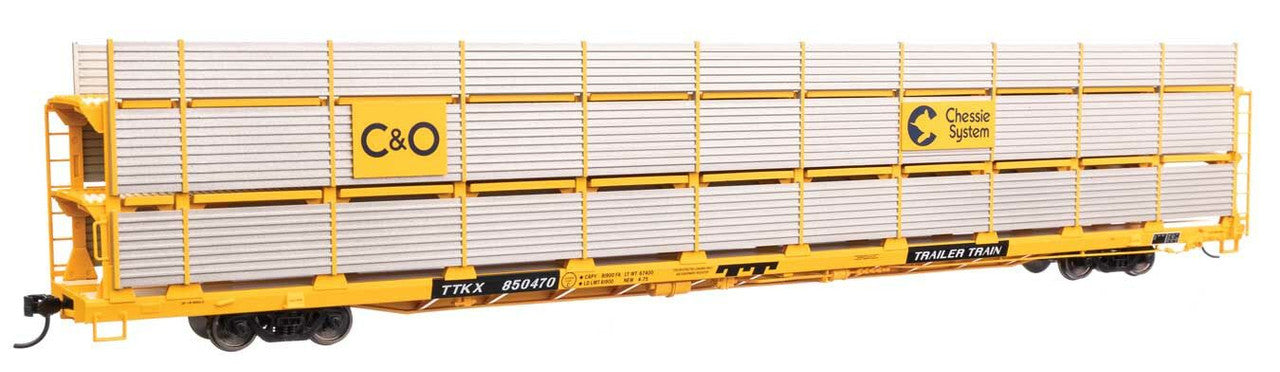 Walthers 910-8306 HO C&O 89' Flatcar w/ Tri-Level Shielded Auto Rack RTR #850470