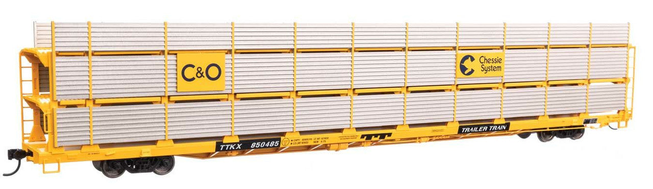 Walthers 910-8307 HO C&O 89' Flatcar w/ Tri-Level Shielded Auto Rack RTR #850485