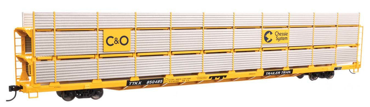 Walthers 910-8307 HO C&O 89' Flatcar w/ Tri-Level Shielded Auto Rack RTR #850485