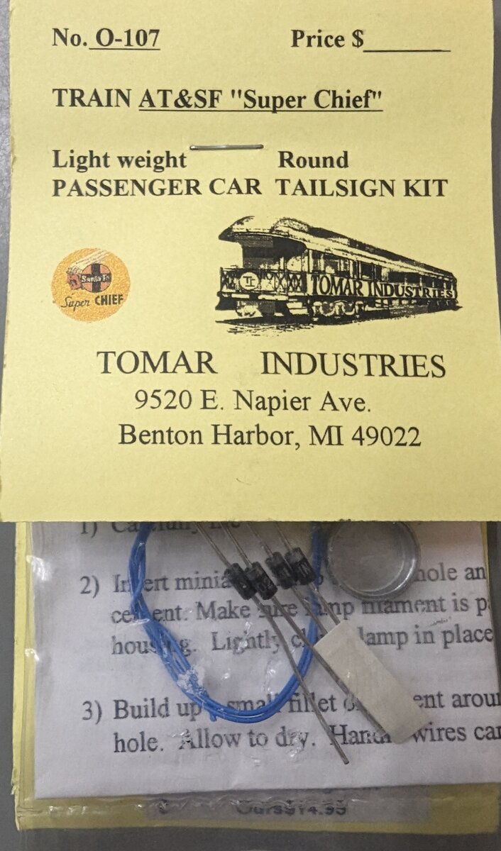 Tomar Industries O-107 O Scale AT&SF Super Chief Lightweight Round Tailsign Kit