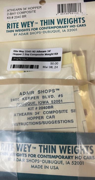 Rite Wey 2040BR HO Athearn 34' Hopper 2 Bay Composite Weight Kit