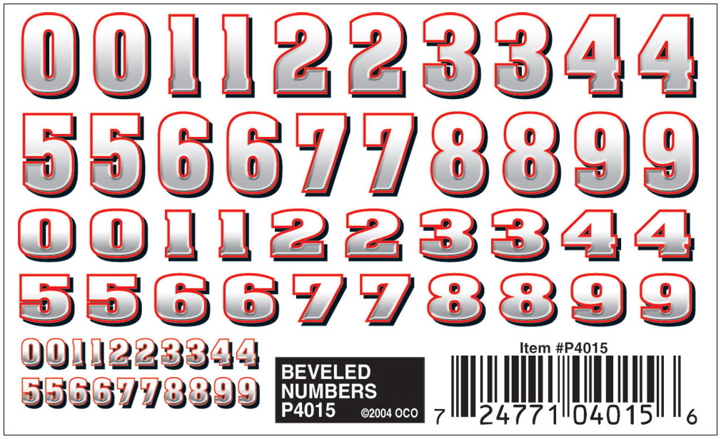 PineCar P4015 Beveled Numbers Dry Transfer Decals