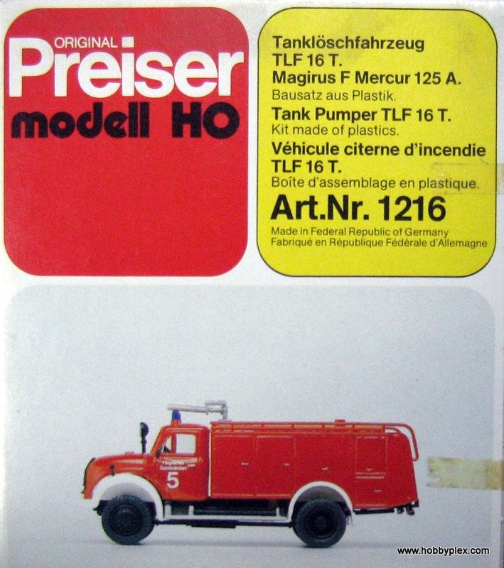 Preiser 1216 HO Magirus F Mercur 125 A Tank Pumper TLF 16T Truck Plastic Kit