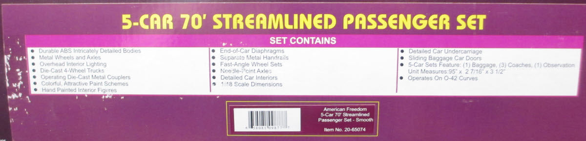 MTH 20-65074 O American Freedom 70' Streamlined Passenger Car Set (Set of 5)