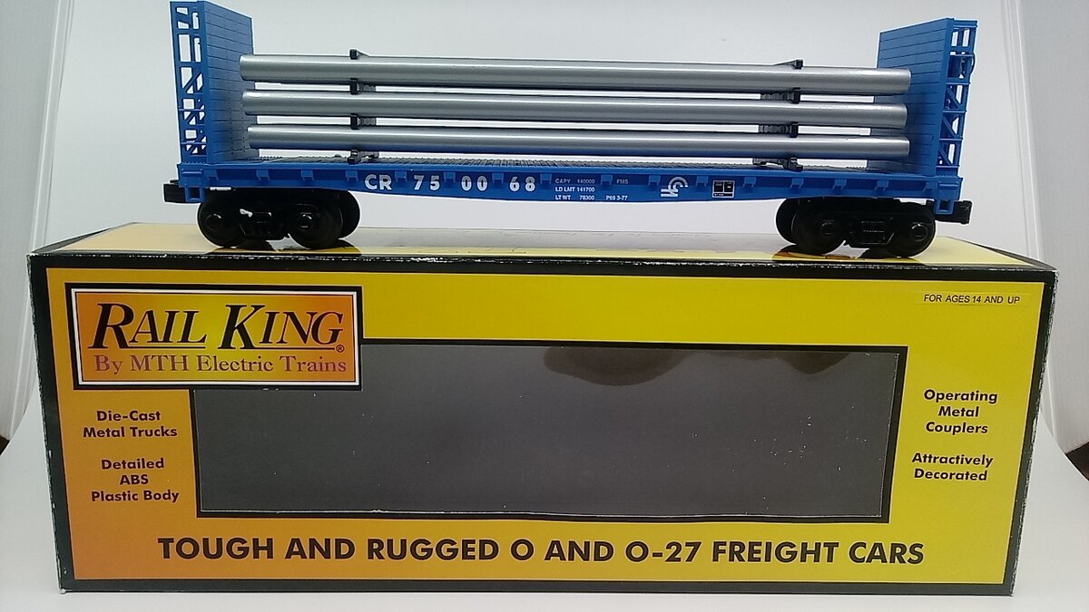 MTH 30-76316 O Gauge Conrail Flat Car with Bulkheads & Pipe Load