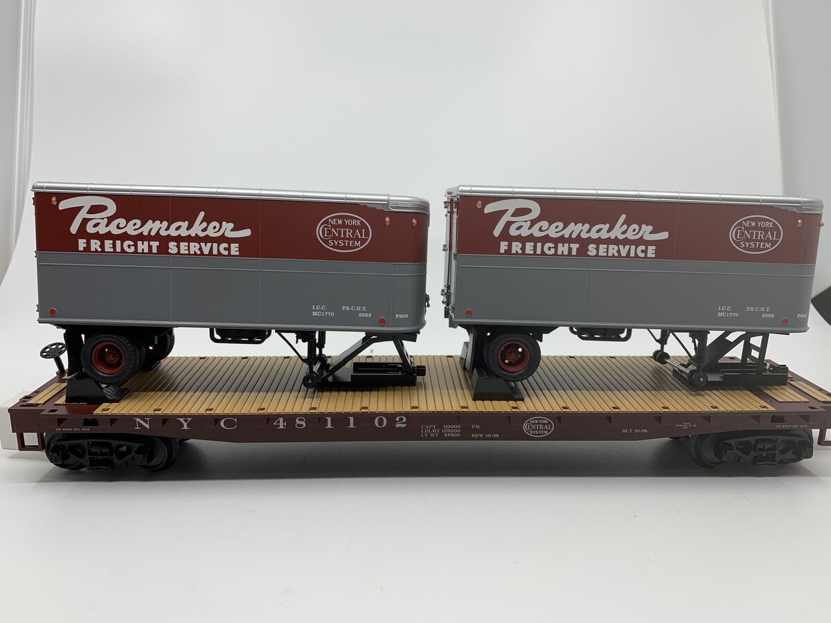 MTH 20-98695 New York Central Flat Car #481102 with 2 PUP Trailers