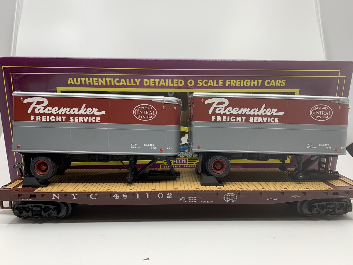 MTH 20-98695 New York Central Flat Car #481102 with 2 PUP Trailers