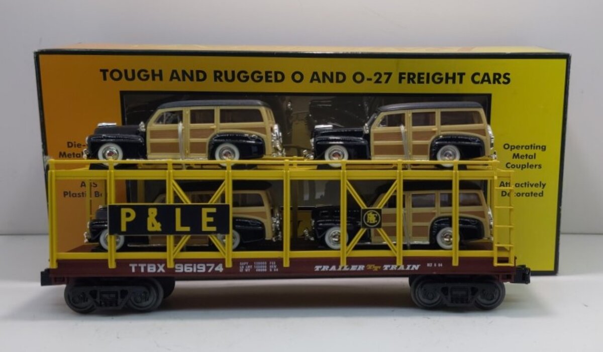 MTH 30-76644 O Pittsburgh & Lake Erie Auto Carrier Flat Car w/ 4 '48 Ford Woody