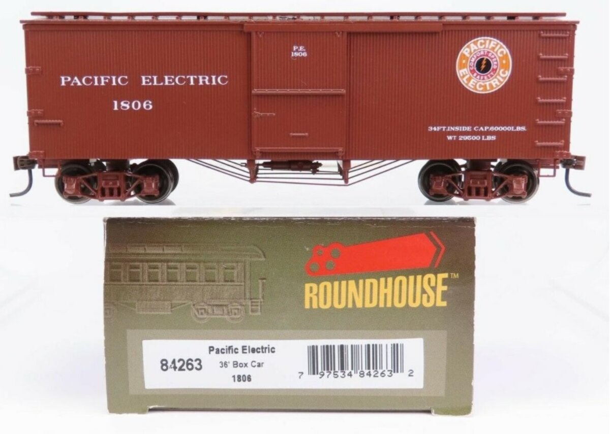 Roundhouse 84263 HO Scale Pacific Electric RTR 36' Old Time Wood Box Car #1806