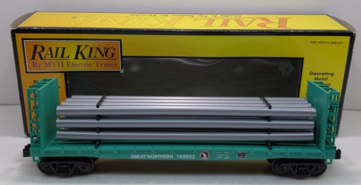 MTH 30-76317 O Gauge Great Northern Flat Car w/Bulkheads & Pipe Load