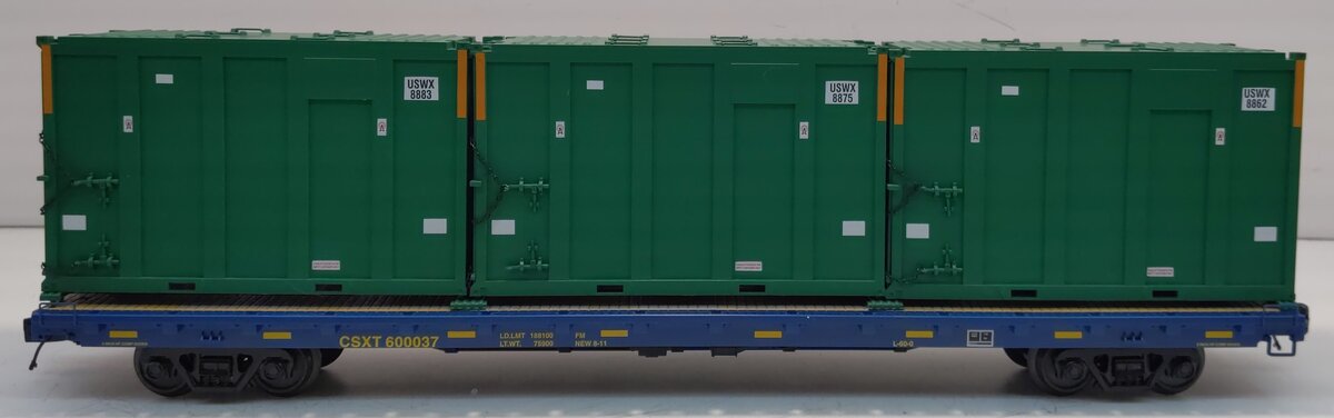 MTH 20-98887 O Gauge CSX 60' Flat Car #600037 w/ Trash Containers