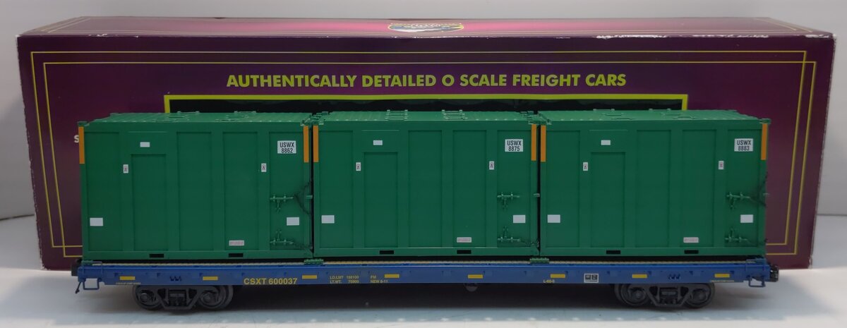 MTH 20-98887 O Gauge CSX 60' Flat Car #600037 w/ Trash Containers