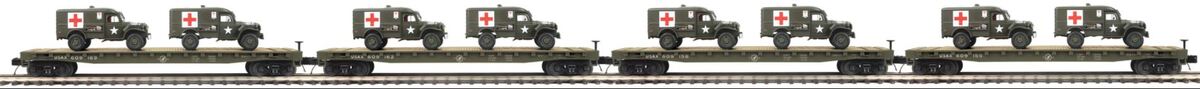 MTH 20-92148 U.S. Army 4 Car Flat Car Set with 2 Dodge WC54 Ambulances