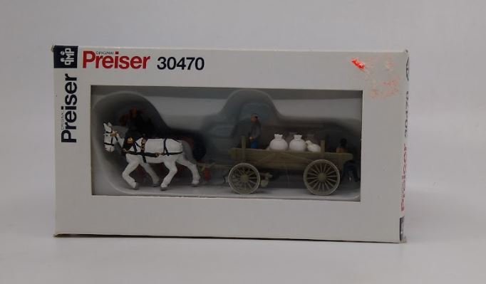 Preiser 30470 HO Driver & Horses Figures with Cargo Wagon & Sacks
