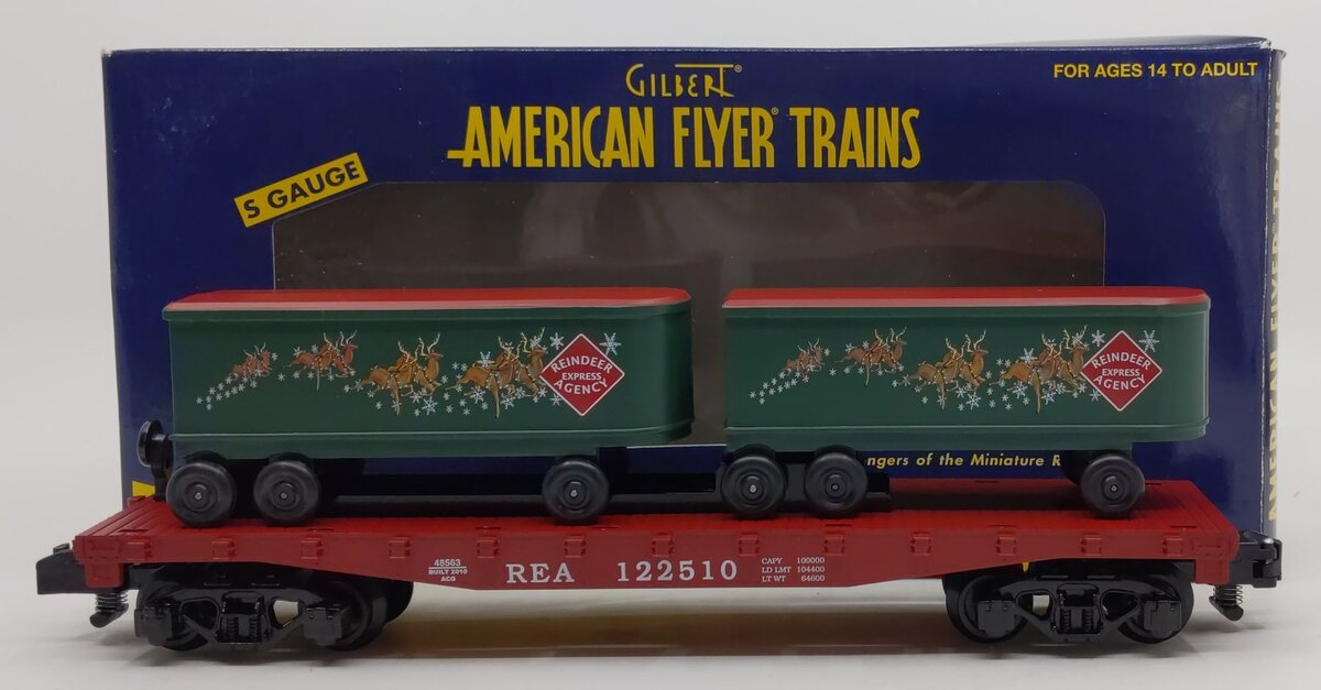 American Flyer 6-48563 S Scale REA Flatcar w/ 2 Reindeer Express Trailers