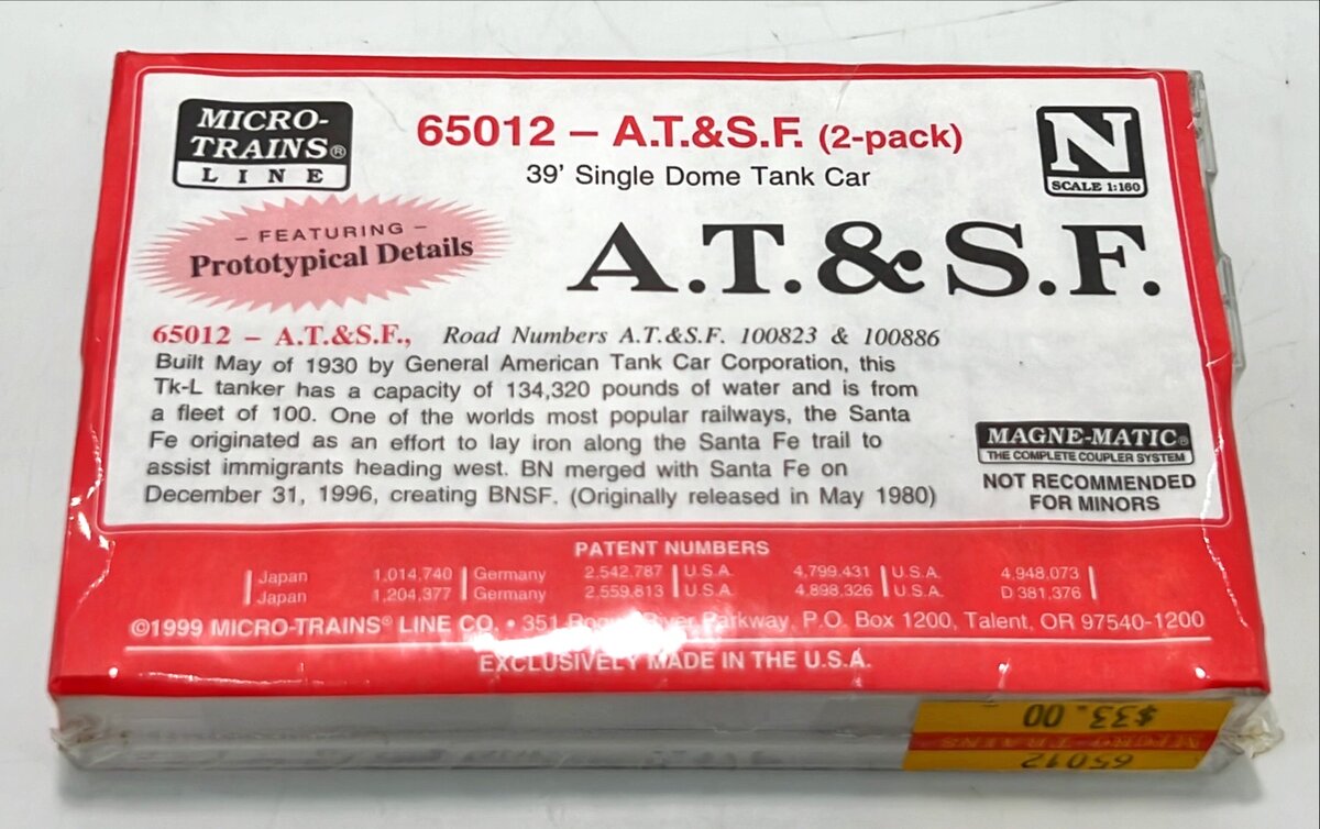 Micro-Trains 06500012 N AT&SF 39' Single Dome Tank Car (Set of 2)