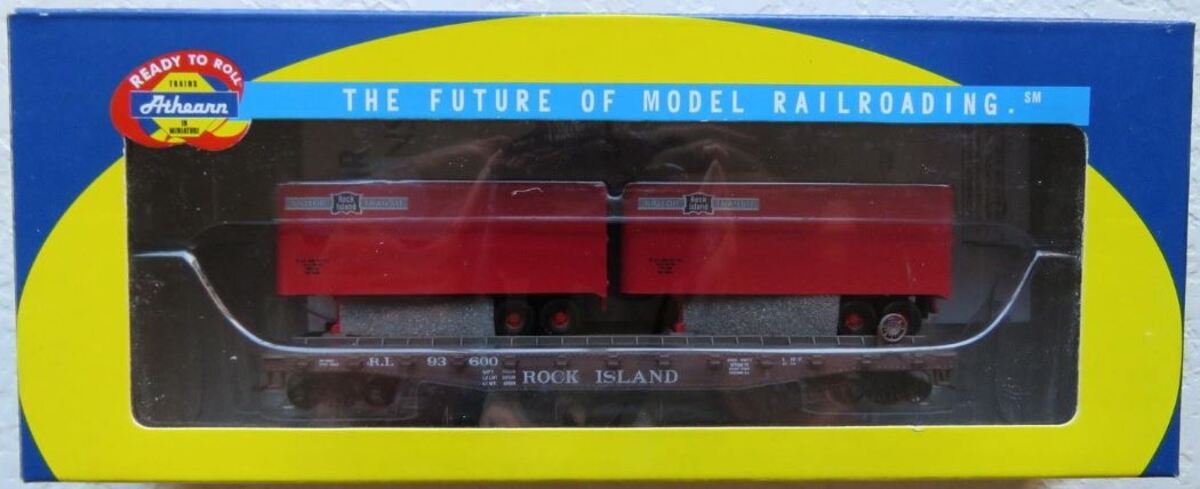 Athearn 92355 HO Rock Island 50' Flatcar # 93600 W/2 Trailers Ready To Roll
