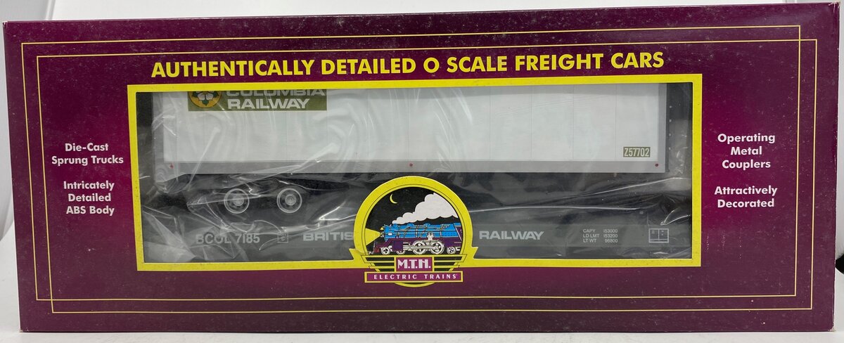 MTH 20-95119 O British Columbia Railway Flatcar w/ 40' Trailer #7185