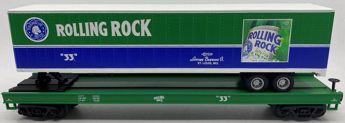 MTH 20-98630 O Gauge Rolling Rock Flat Car w/48’ Trailer #33